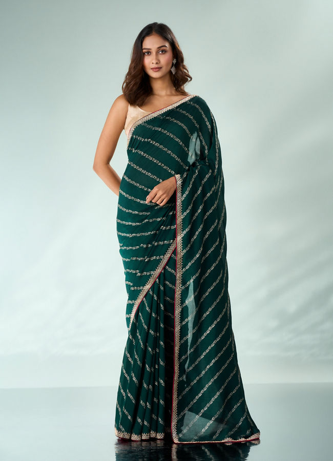 Mohey Women Bottle Green Art Silk Saree with Print and Stone Work