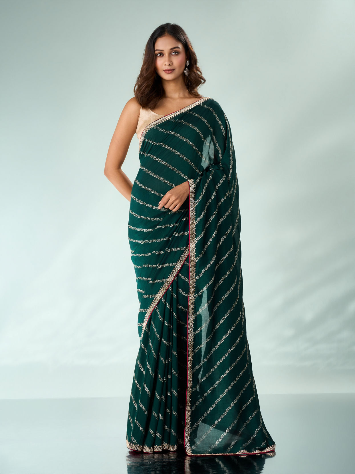 Mohey Women Bottle Green Art Silk Saree with Print and Stone Work