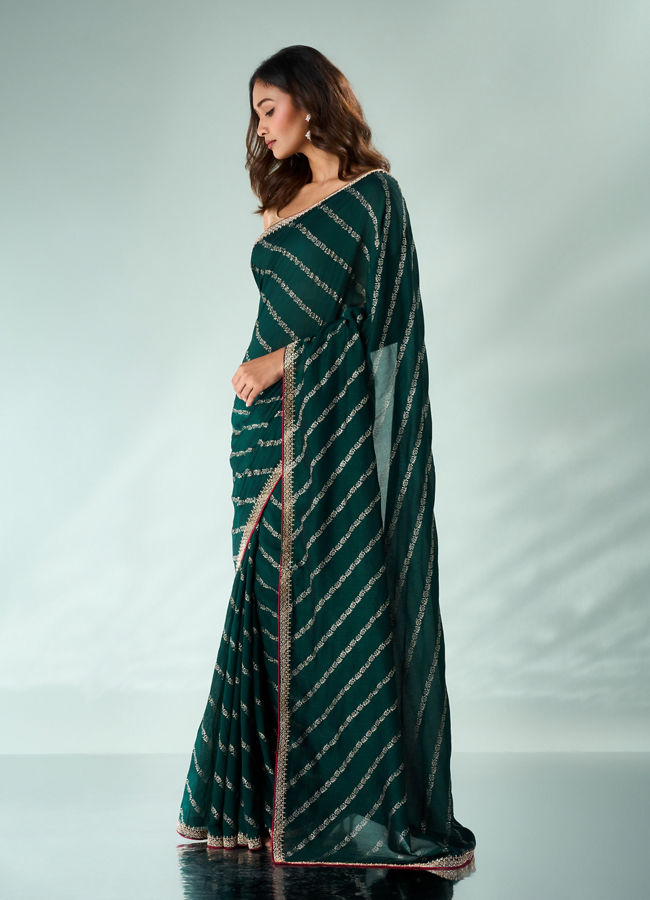 Mohey Women Bottle Green Art Silk Saree with Print and Stone Work