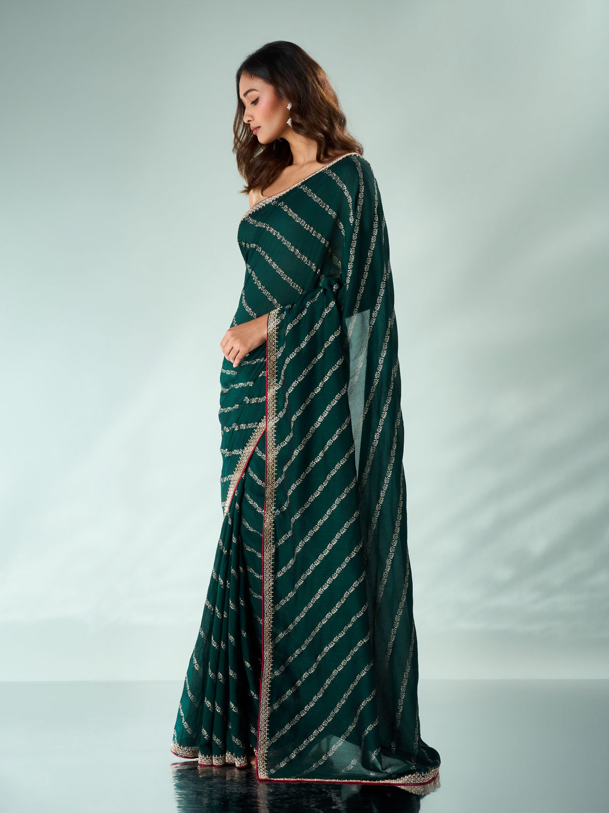 Mohey Women Bottle Green Art Silk Saree with Print and Stone Work