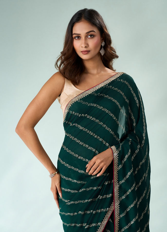 Mohey Women Bottle Green Art Silk Saree with Print and Stone Work