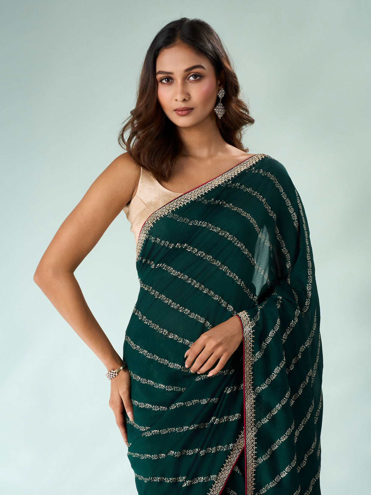 Mohey Women Bottle Green Art Silk Saree with Print and Stone Work