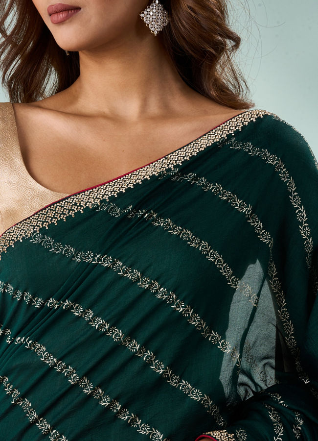 Mohey Women Bottle Green Art Silk Saree with Print and Stone Work
