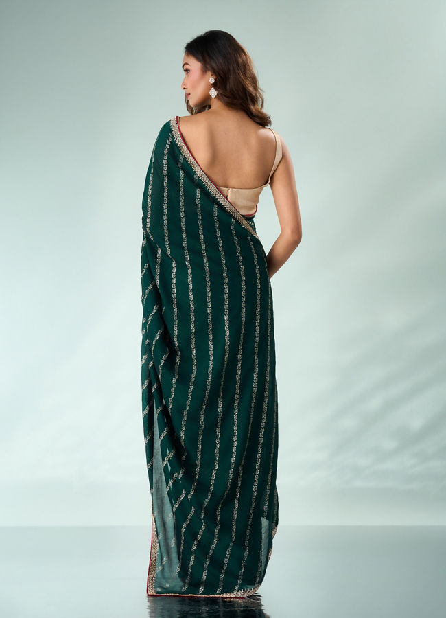 Mohey Women Bottle Green Art Silk Saree with Print and Stone Work