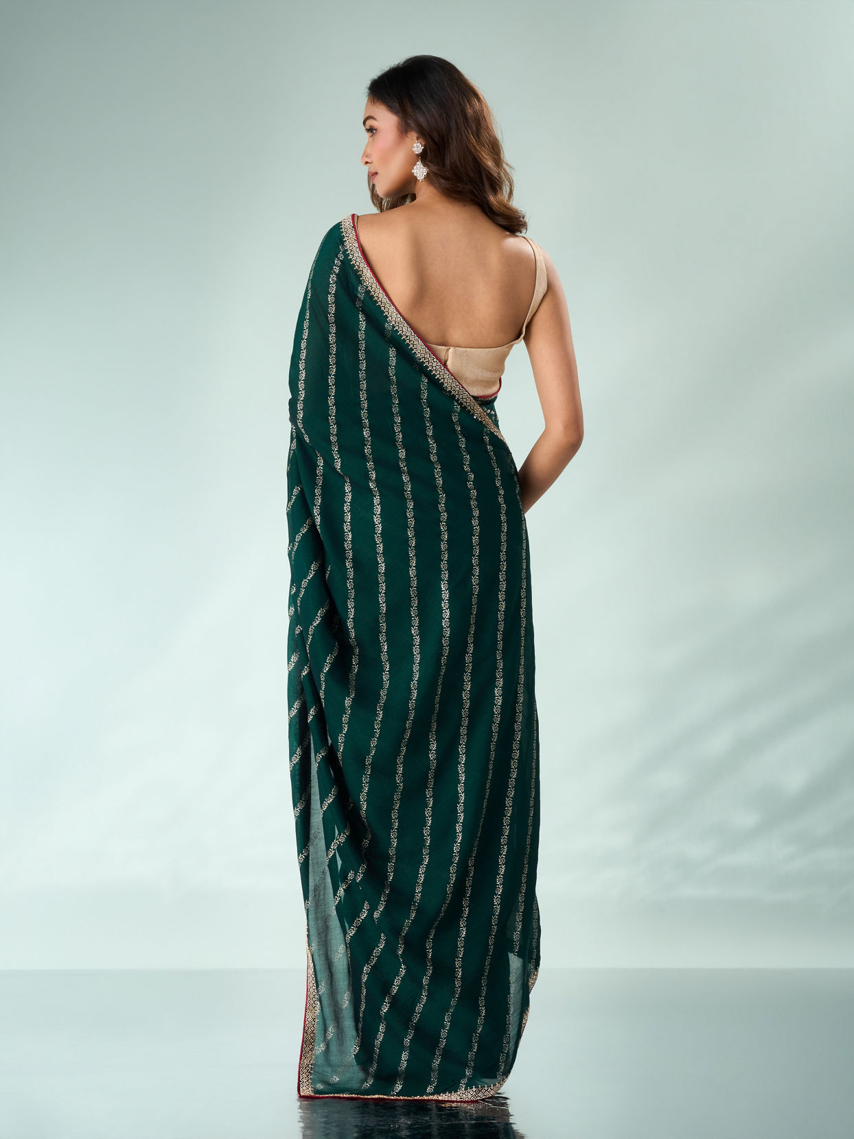 Mohey Women Bottle Green Art Silk Saree with Print and Stone Work