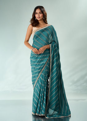 Mohey Women Sea Green Art Silk Saree with Print & Stone Work