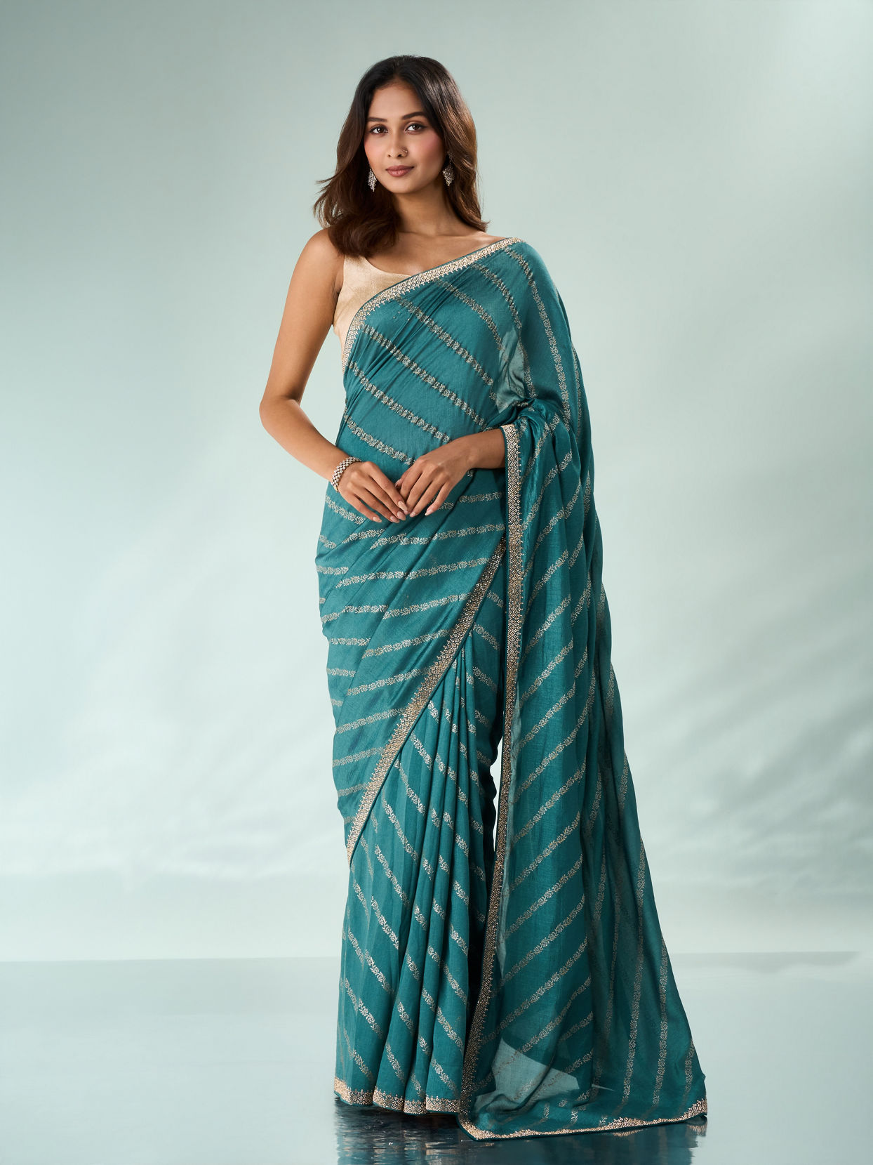 Mohey Women Sea Green Art Silk Saree with Print & Stone Work