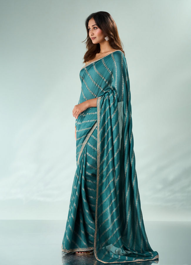 Mohey Women Sea Green Art Silk Saree with Print & Stone Work