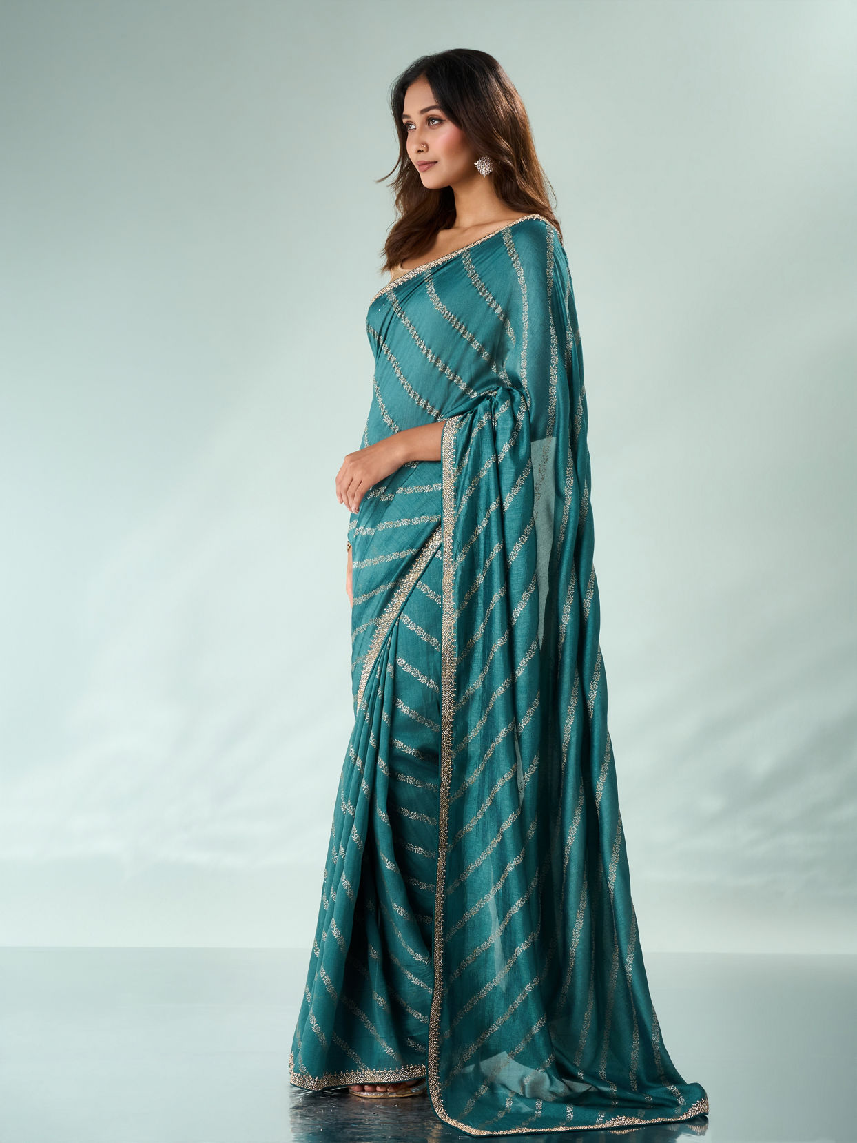 Mohey Women Sea Green Art Silk Saree with Print & Stone Work