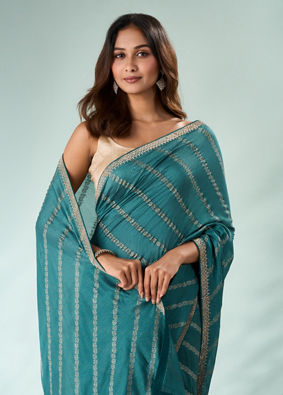 Mohey Women Sea Green Art Silk Saree with Print & Stone Work