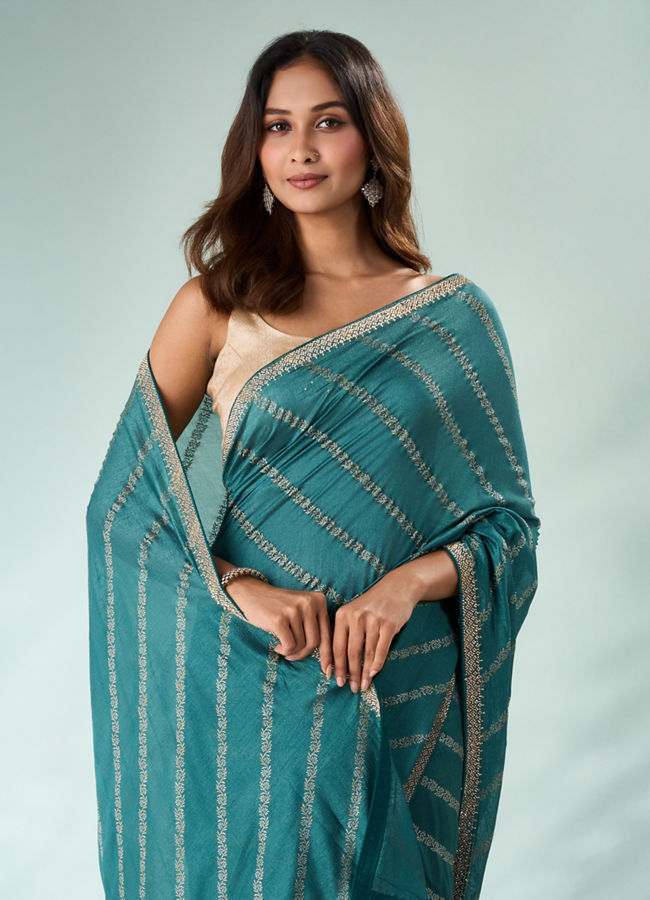 Mohey Women Sea Green Art Silk Saree with Print & Stone Work