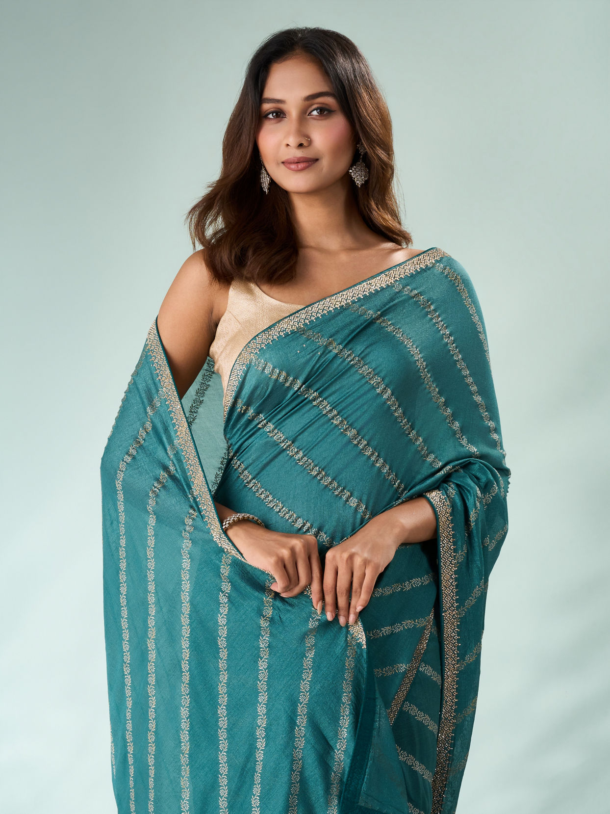 Mohey Women Sea Green Art Silk Saree with Print & Stone Work