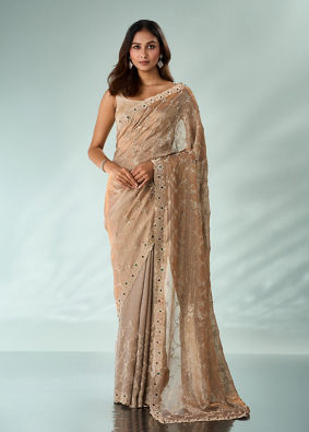 Mohey Women Fawn Organza Saree with Stone Work