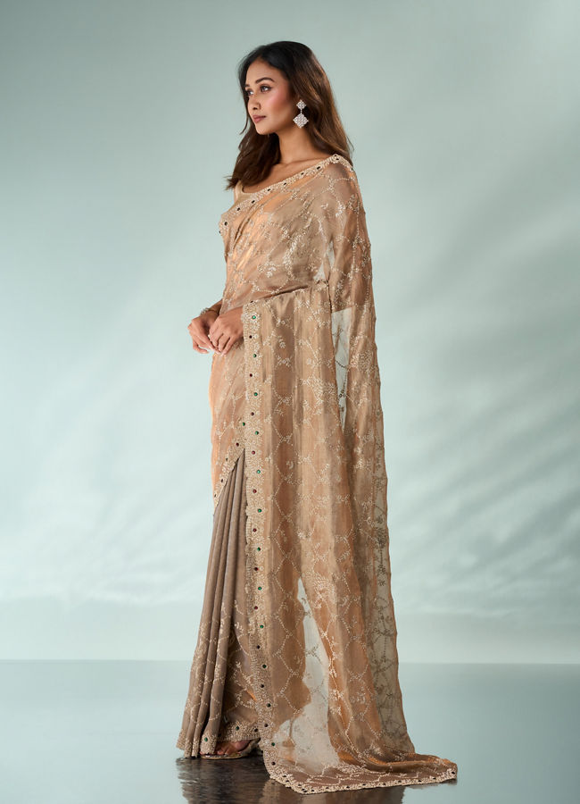 Mohey Women Fawn Organza Saree with Stone Work