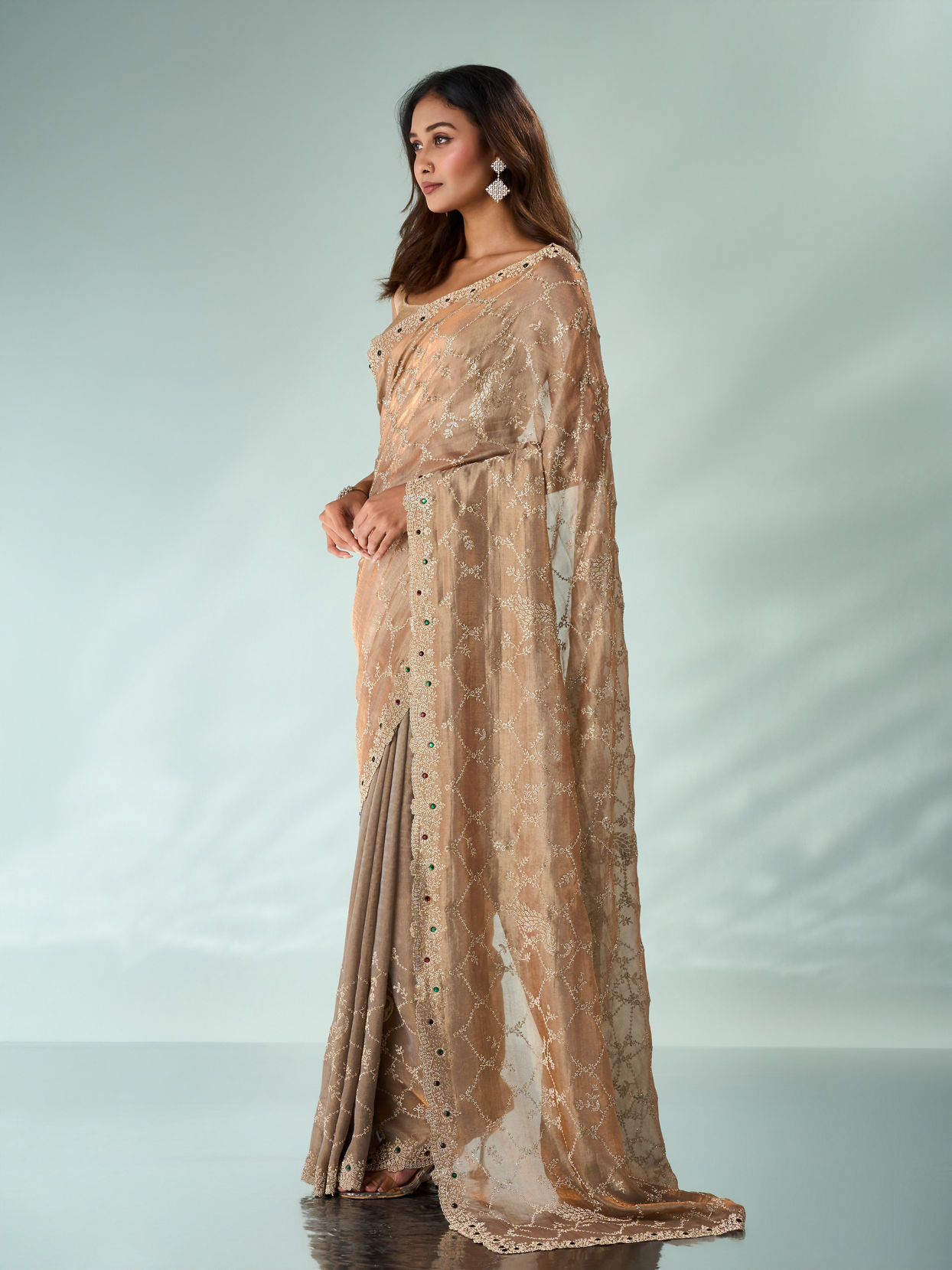 Mohey Women Fawn Organza Saree with Stone Work