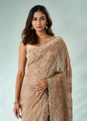 Mohey Women Fawn Organza Saree with Stone Work