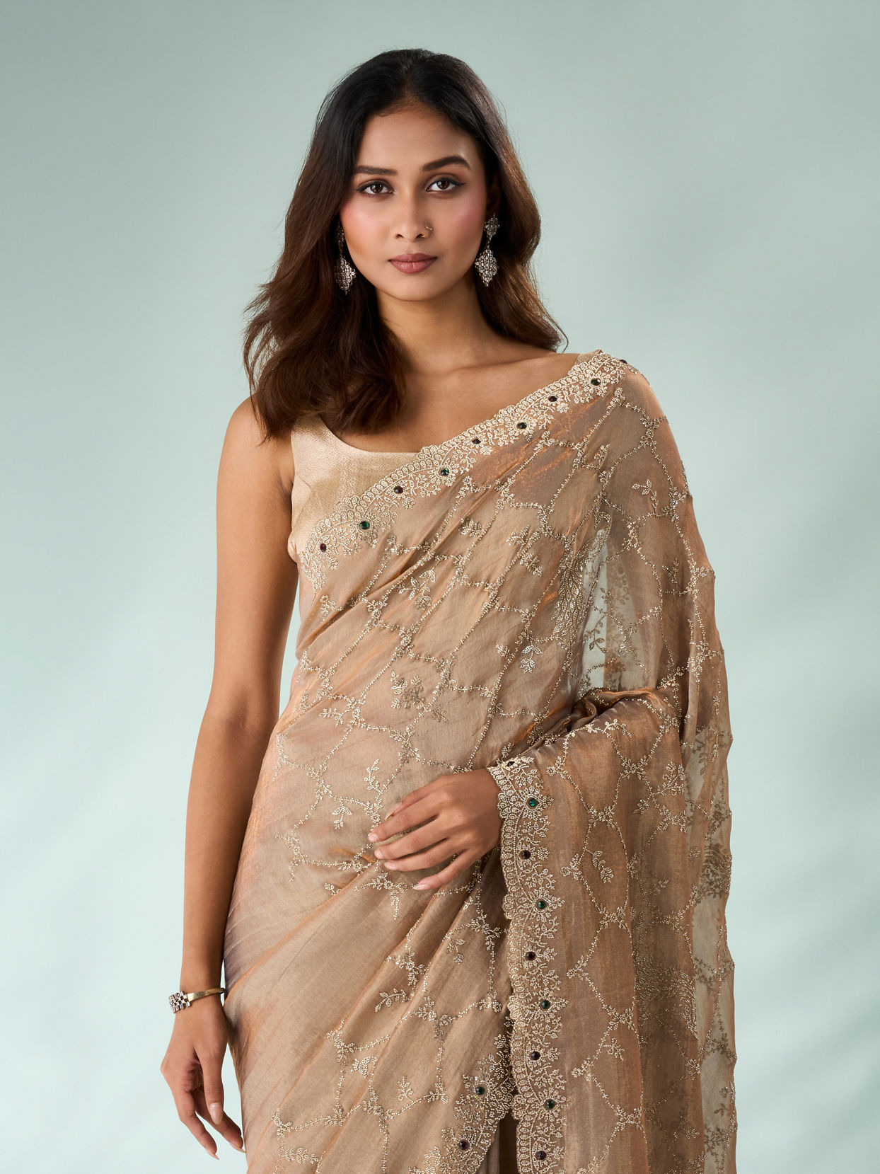 Mohey Women Fawn Organza Saree with Stone Work