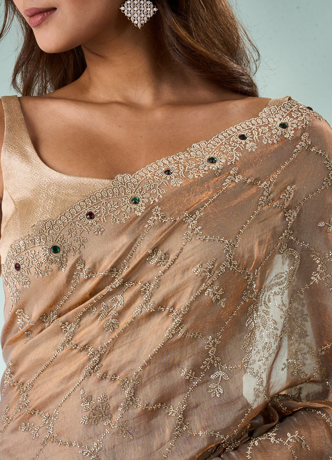 Mohey Women Fawn Organza Saree with Stone Work