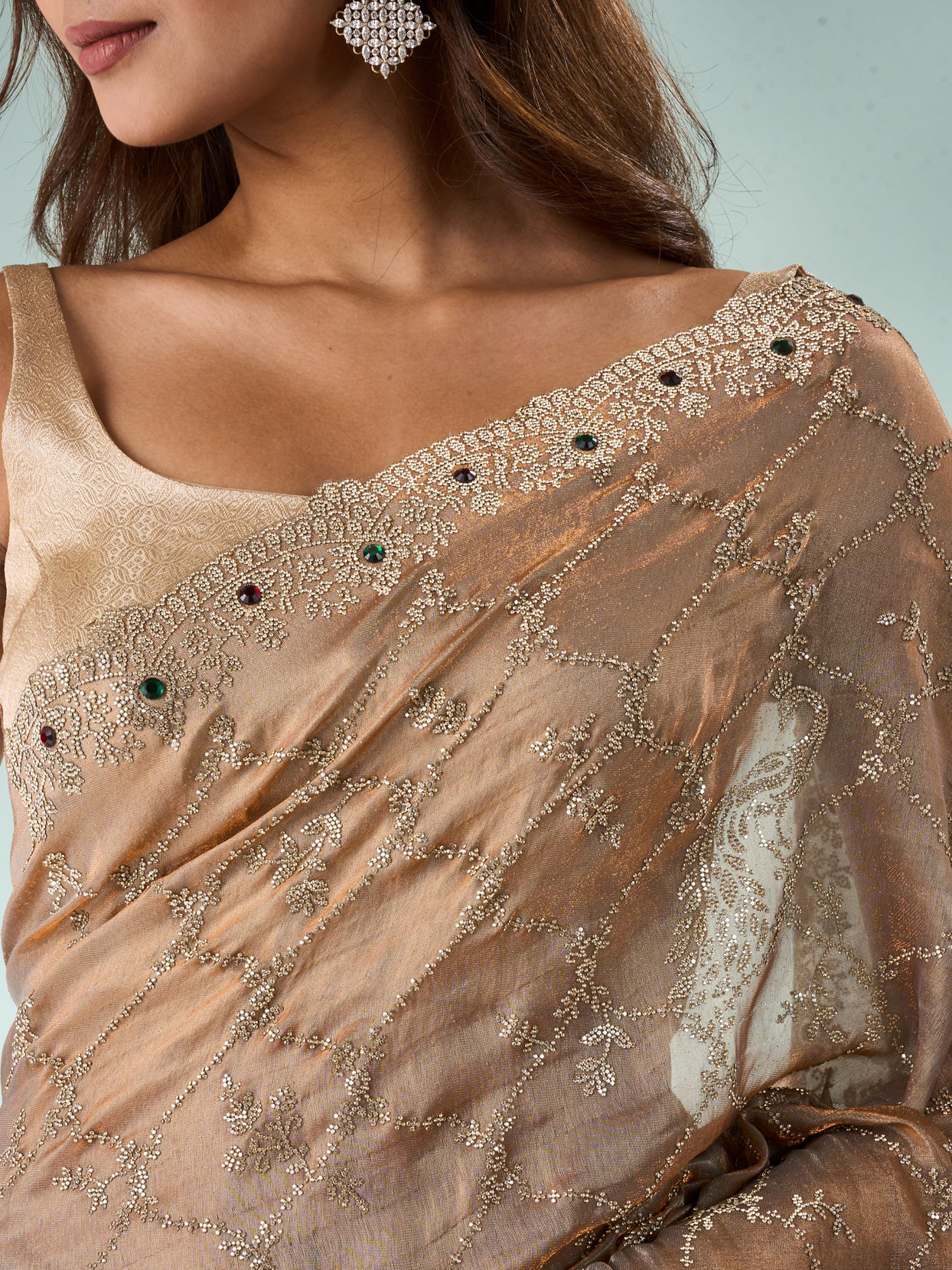 Mohey Women Fawn Organza Saree with Stone Work