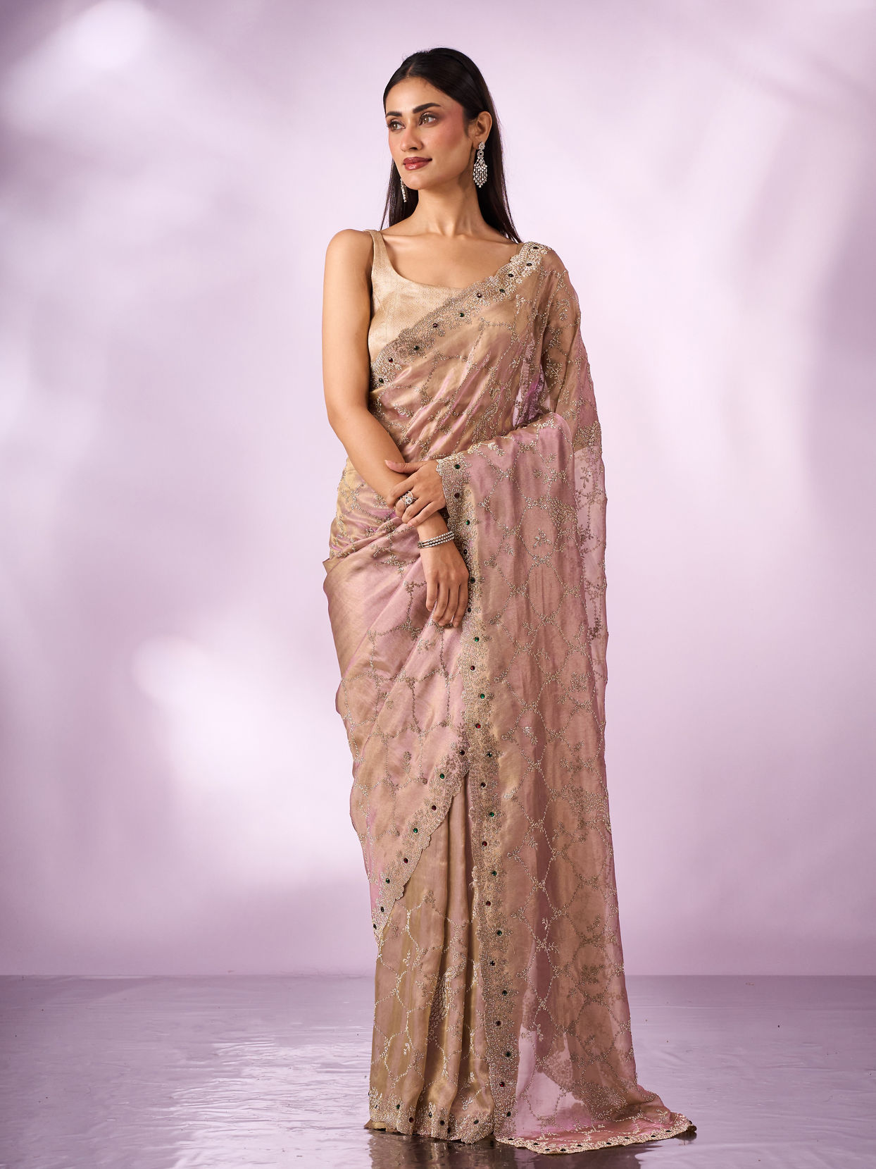 Mohey Women Purple Organza Saree with Stone Work
