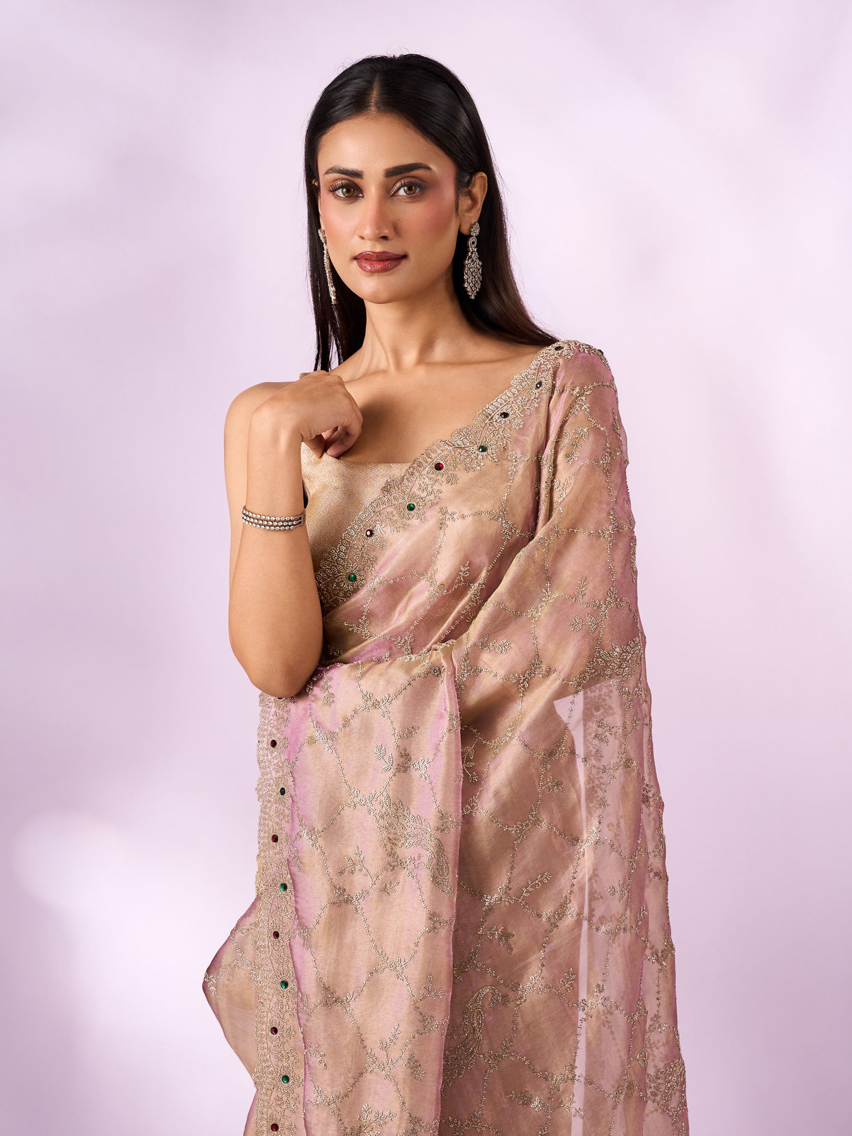 Mohey Women Purple Organza Saree with Stone Work