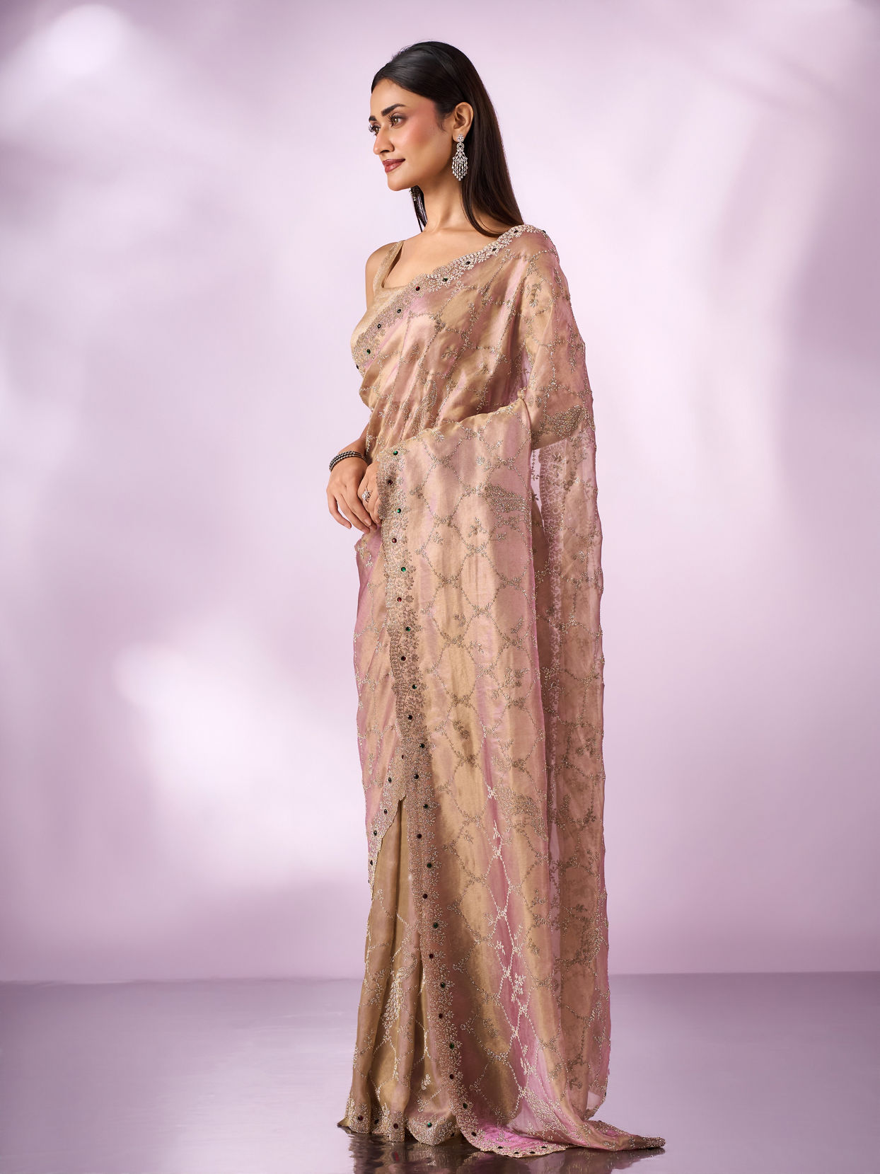 Mohey Women Purple Organza Saree with Stone Work