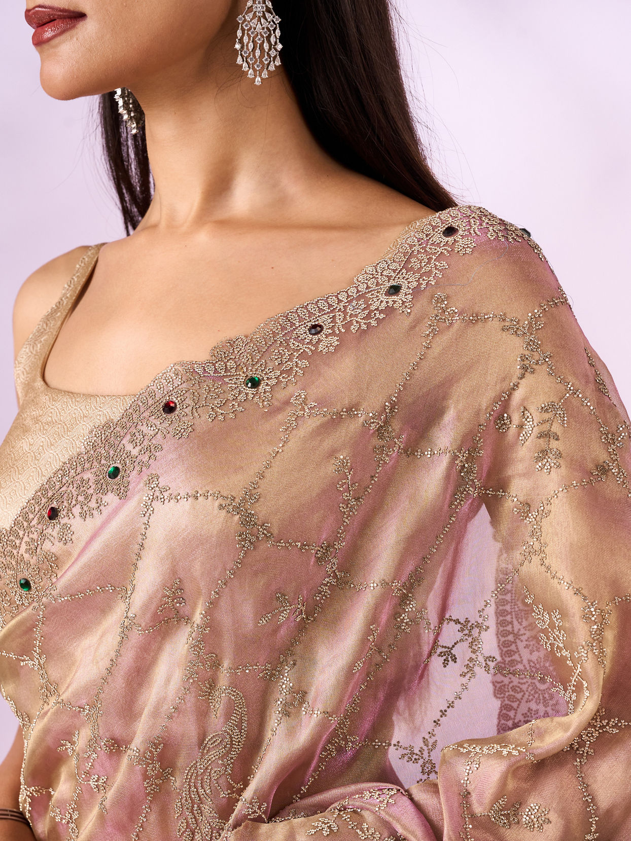 Mohey Women Purple Organza Saree with Stone Work