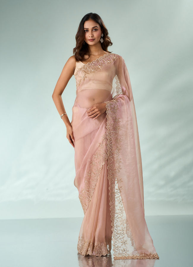 Mohey Women Light Pink Organza Saree with Cutdana Work