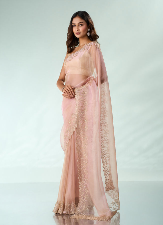 Mohey Women Light Pink Organza Saree with Cutdana Work
