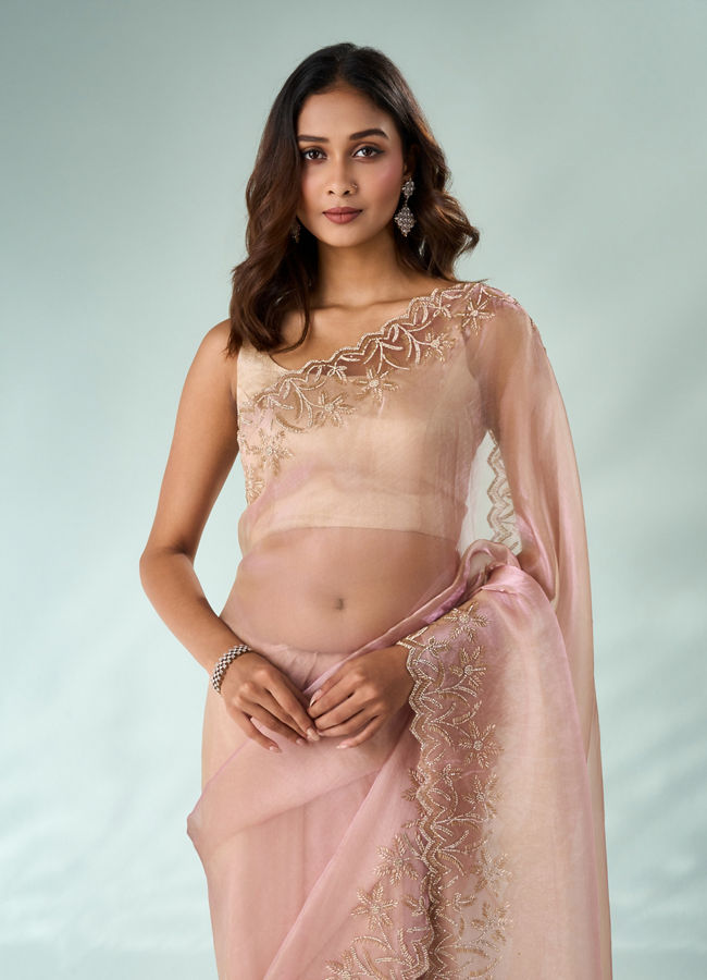 Mohey Women Light Pink Organza Saree with Cutdana Work