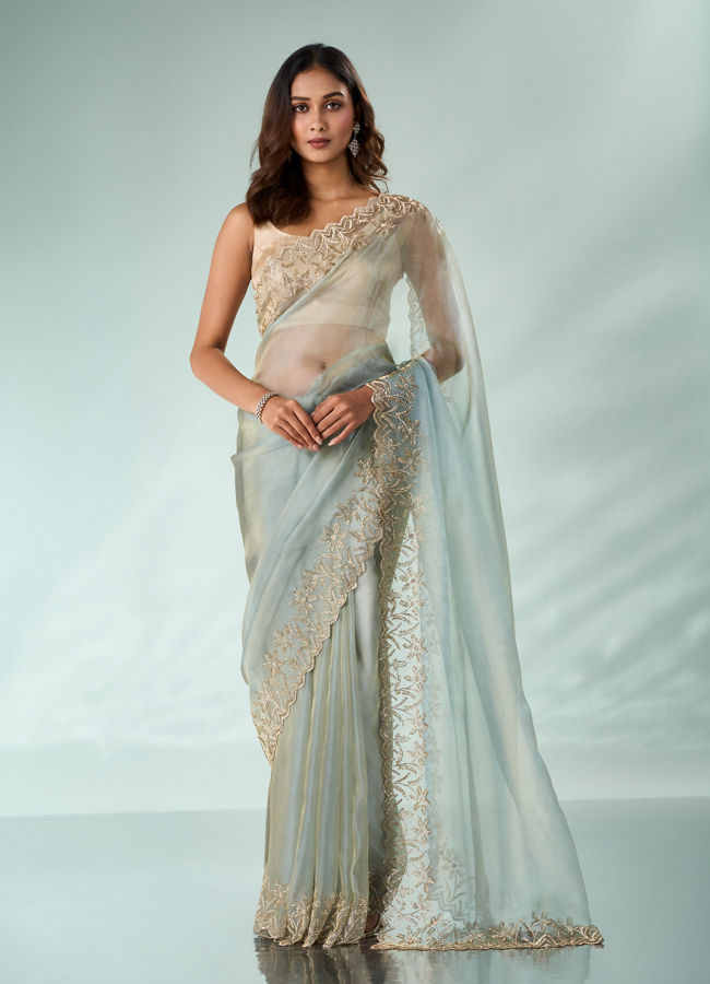 Mohey Women Sea Green Organza Saree with Cutdana Work