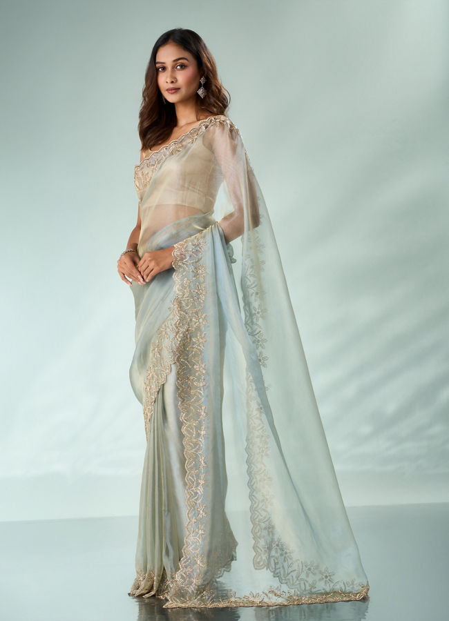 Mohey Women Sea Green Organza Saree with Cutdana Work