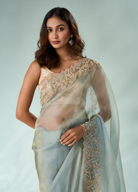 Mohey Women Sea Green Organza Saree with Cutdana Work