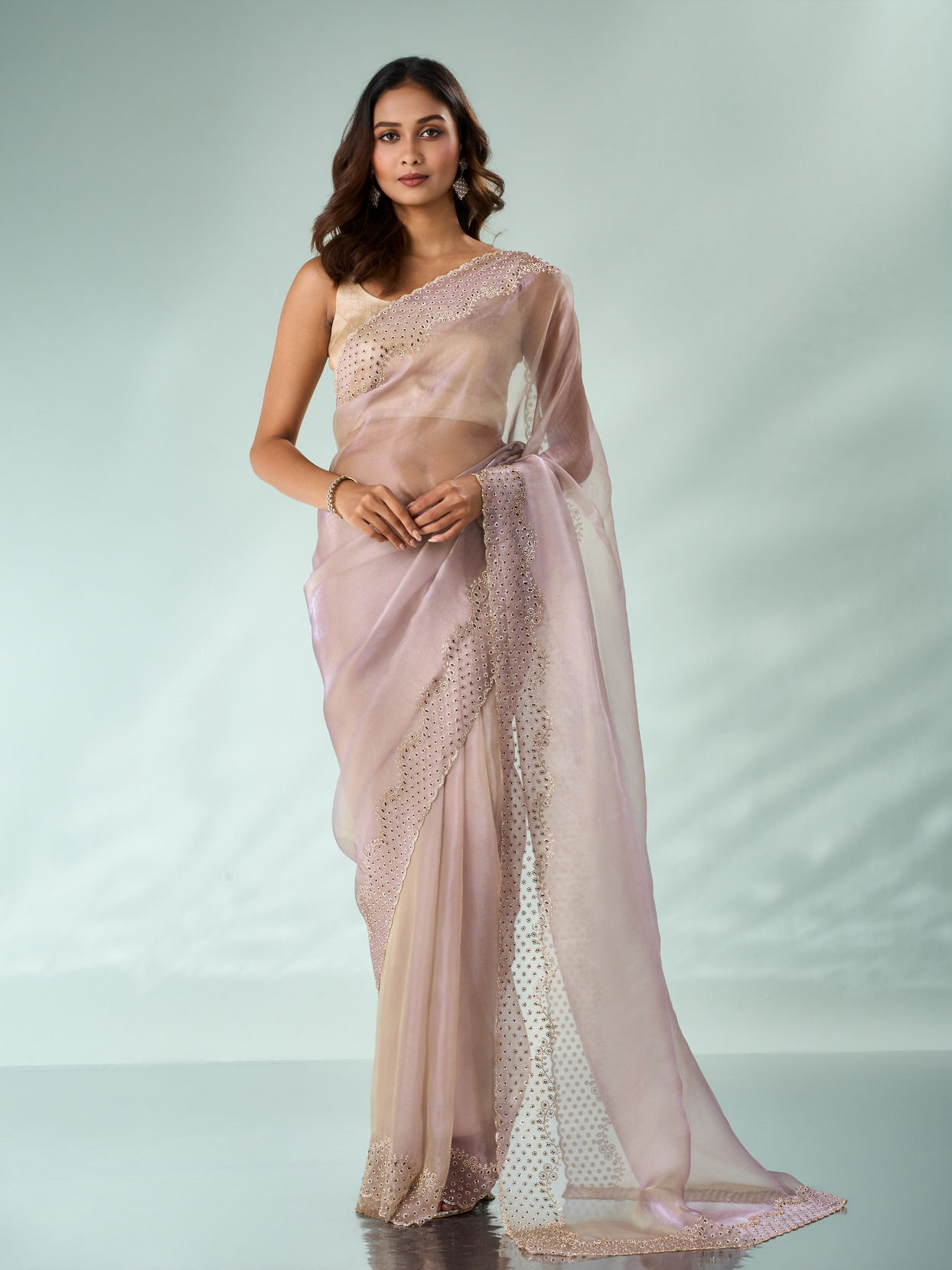 Mohey Women Purple Organza Saree with Stone Work