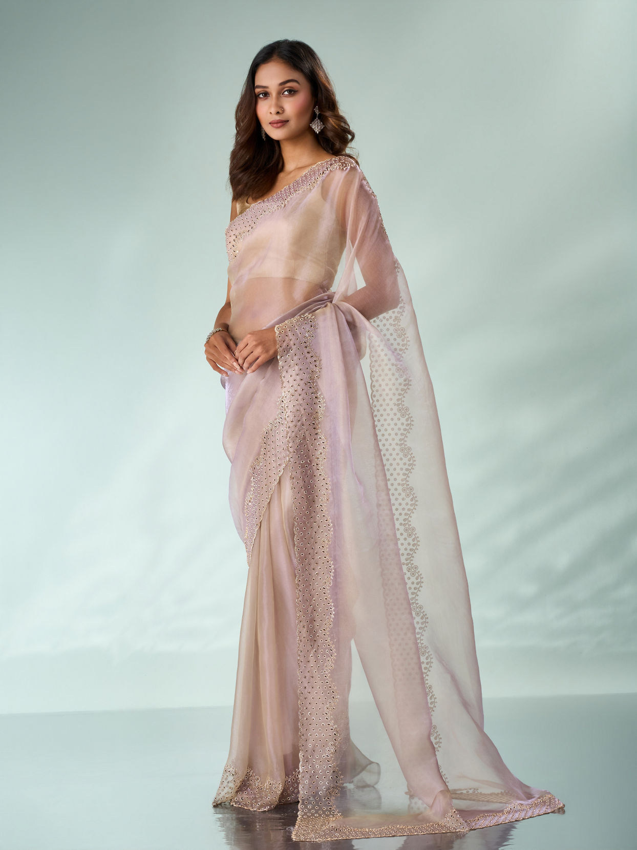 Mohey Women Purple Organza Saree with Stone Work