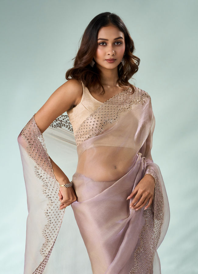Mohey Women Purple Organza Saree with Stone Work
