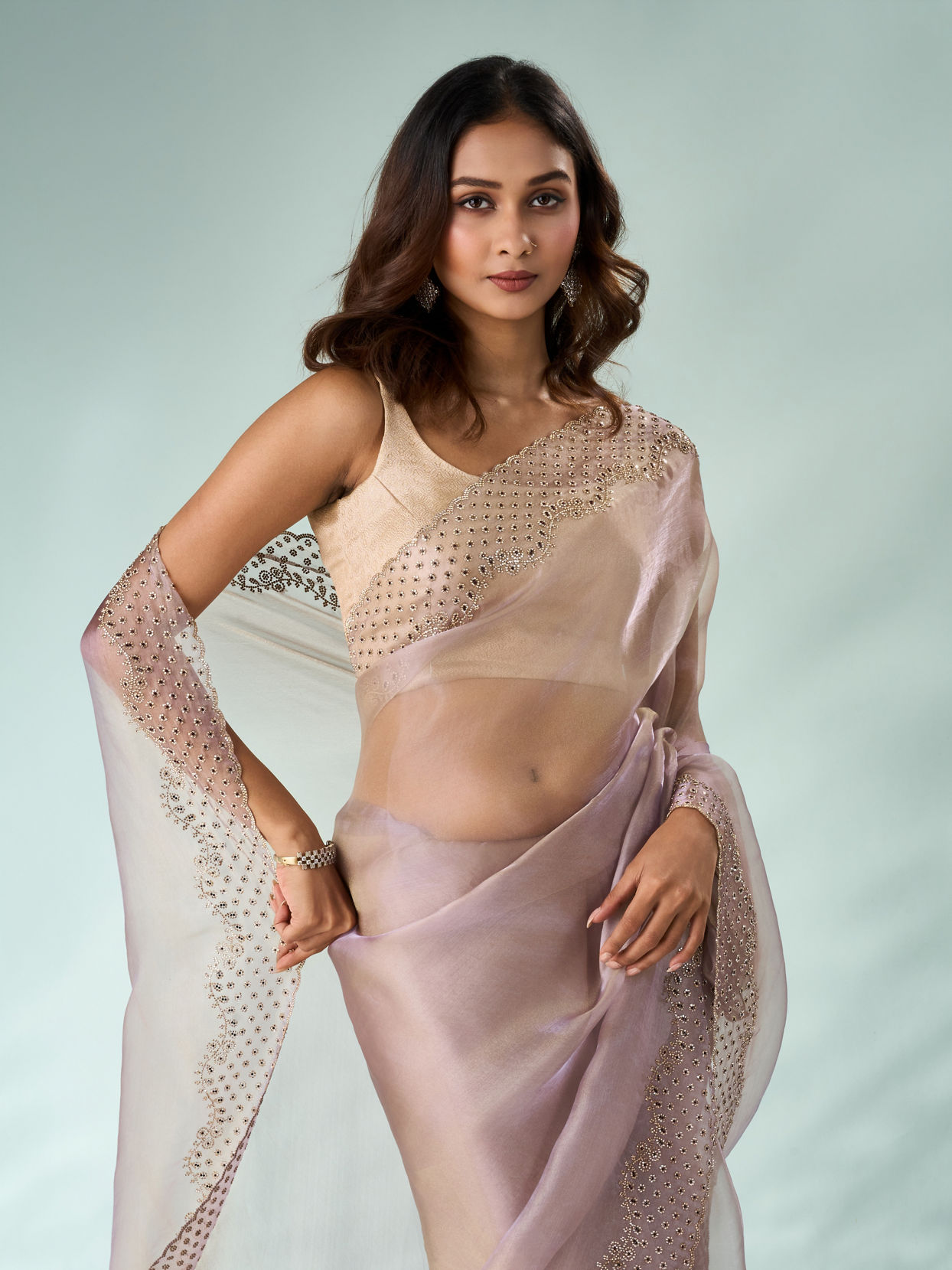 Mohey Women Purple Organza Saree with Stone Work