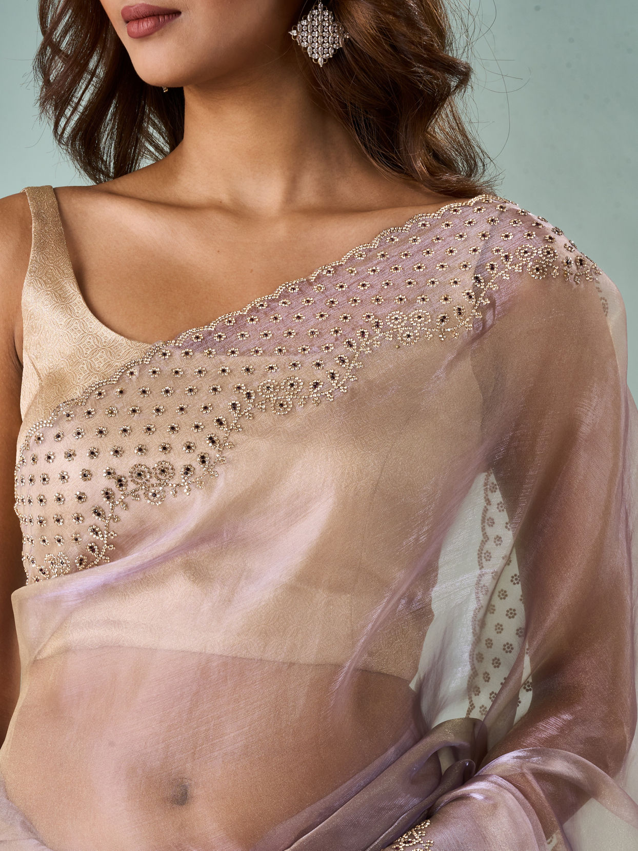 Mohey Women Purple Organza Saree with Stone Work