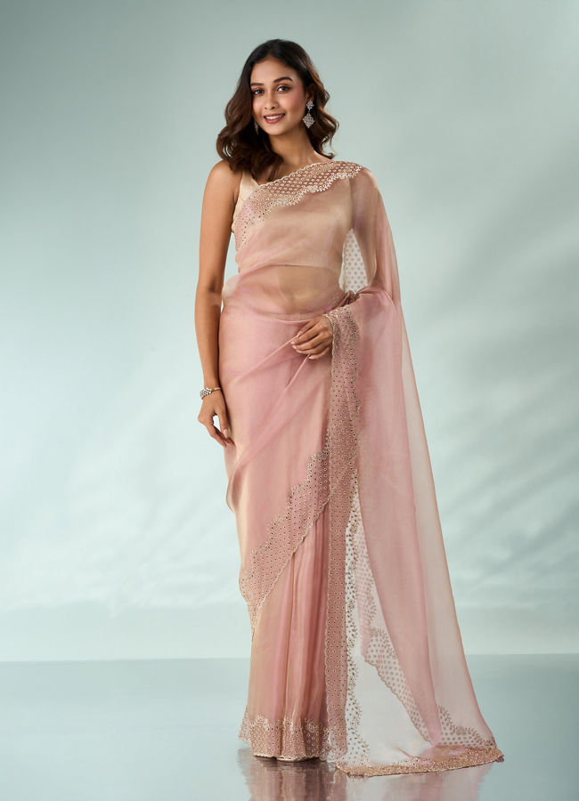 Mohey Women Pink Organza Saree with Stone Work
