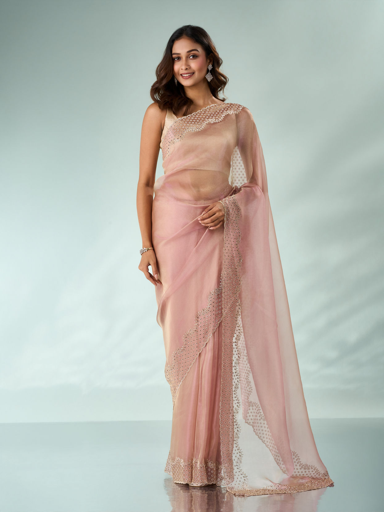 Mohey Women Pink Organza Saree with Stone Work