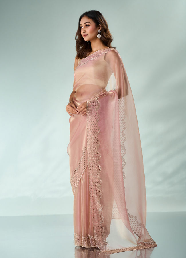 Mohey Women Pink Organza Saree with Stone Work