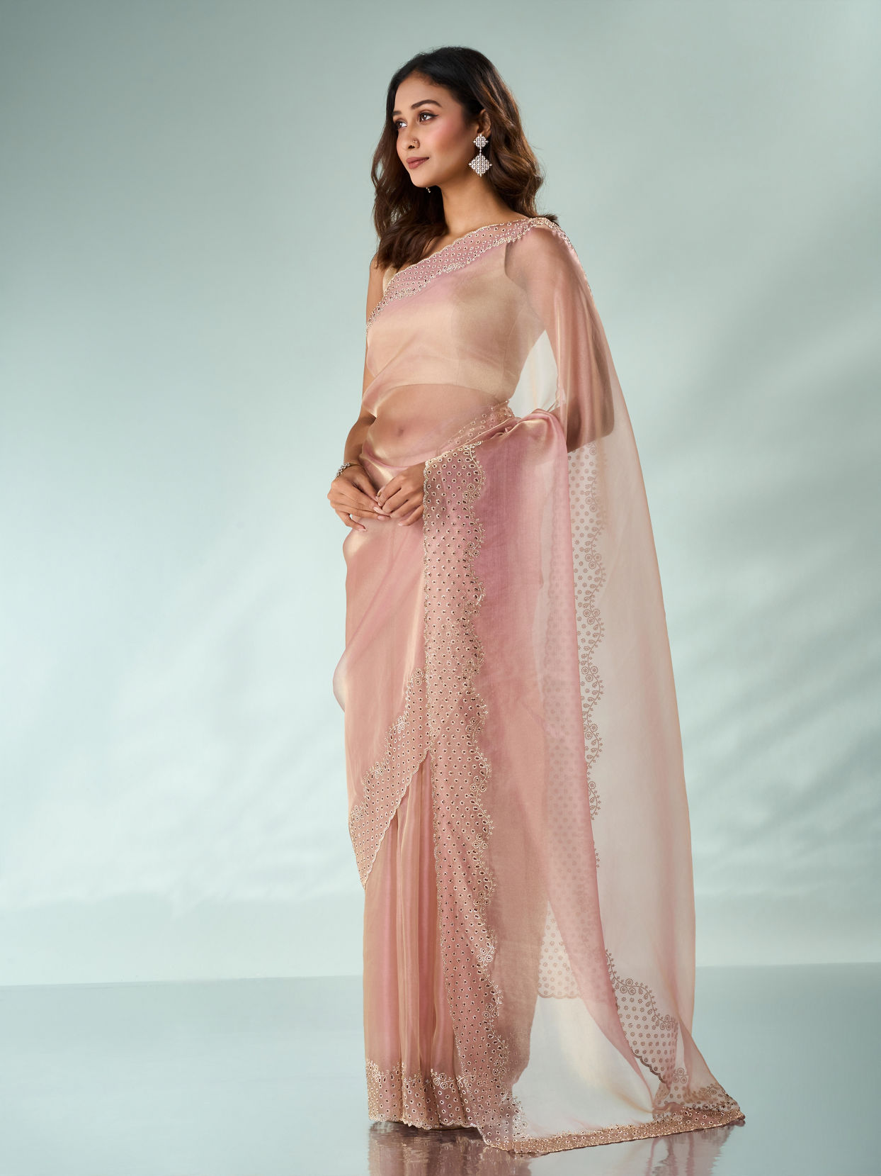 Mohey Women Pink Organza Saree with Stone Work