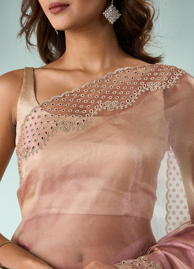 Mohey Women Pink Organza Saree with Stone Work