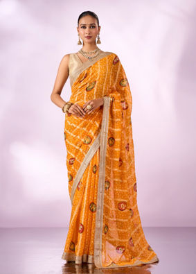 Mohey Women Mustard Yellow Georgette Saree with Zari Print