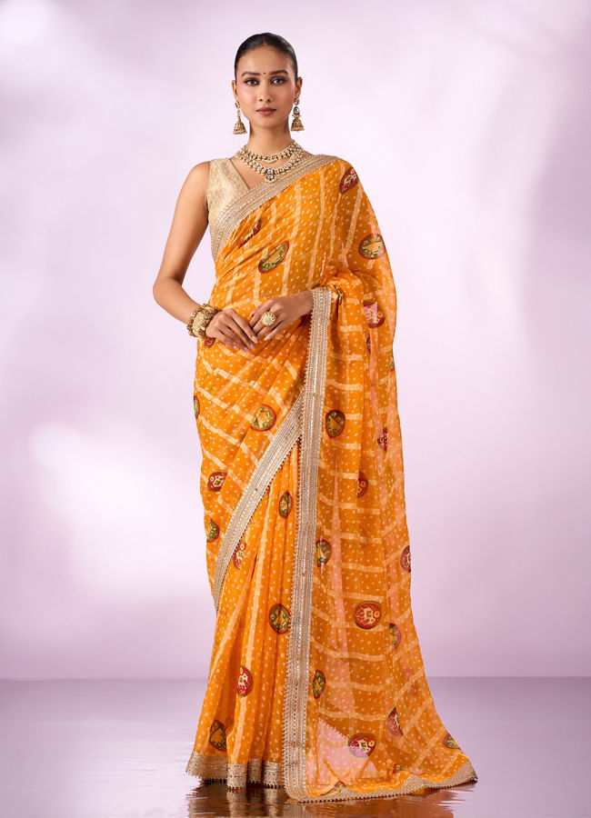 Mohey Women Mustard Yellow Georgette Saree with Zari Print