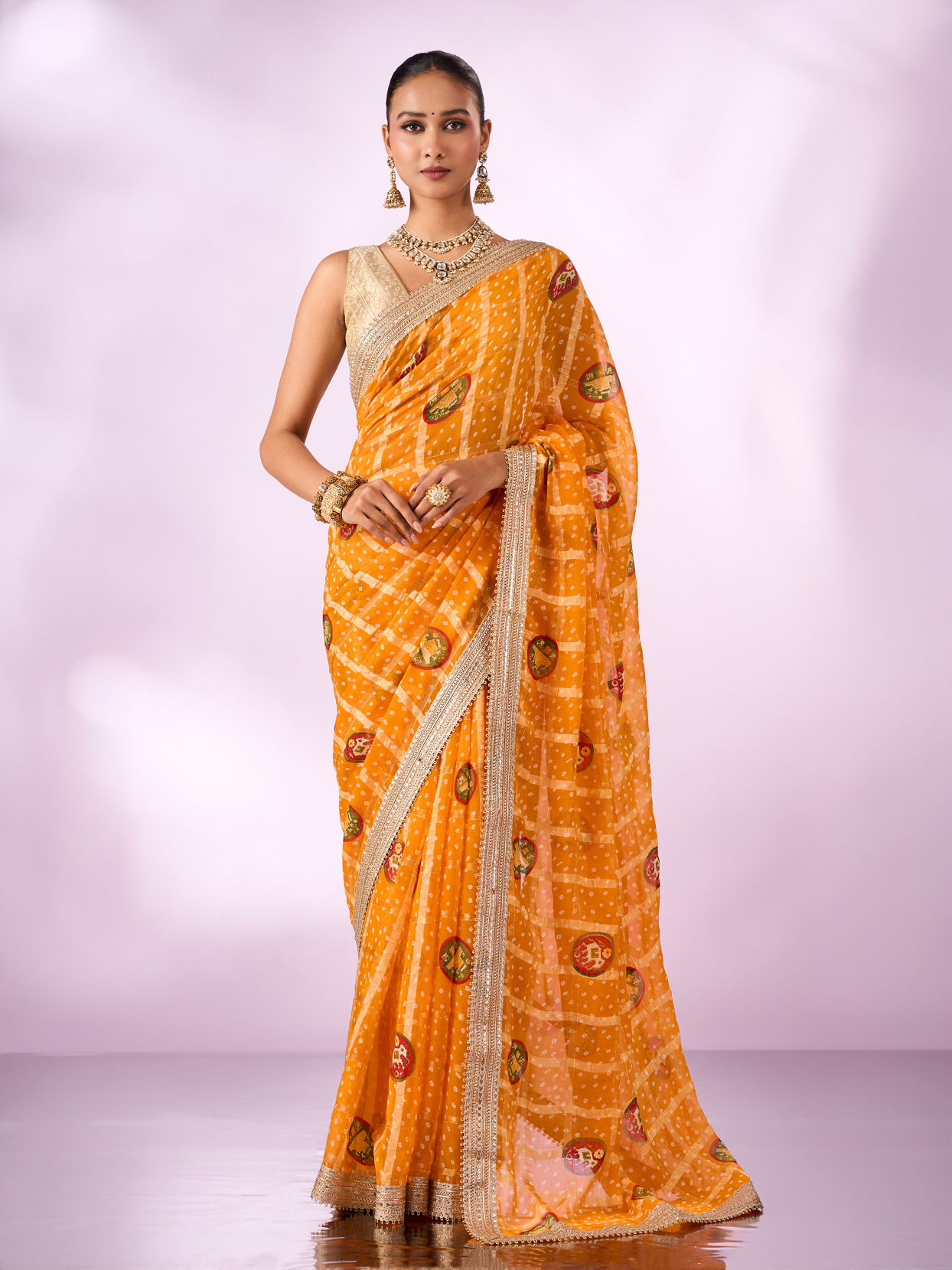 Mohey Women Mustard Yellow Georgette Saree with Zari Print