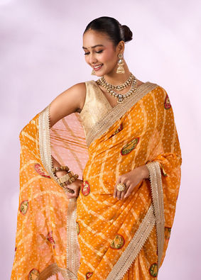 Mohey Women Mustard Yellow Georgette Saree with Zari Print