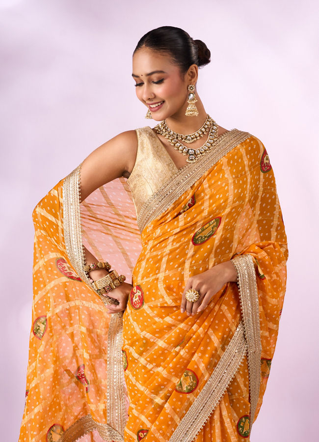 Mohey Women Mustard Yellow Georgette Saree with Zari Print