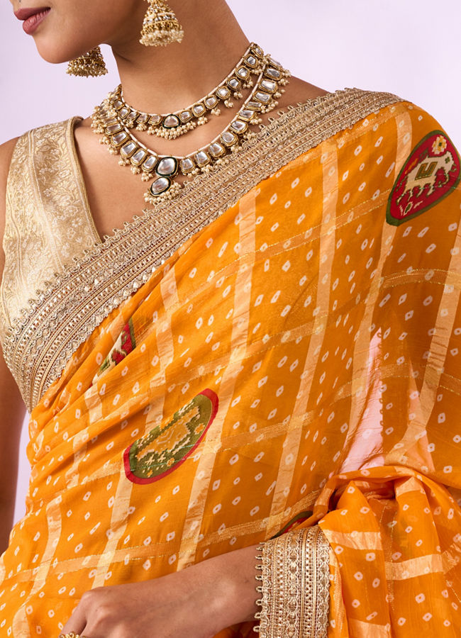 Mohey Women Mustard Yellow Georgette Saree with Zari Print