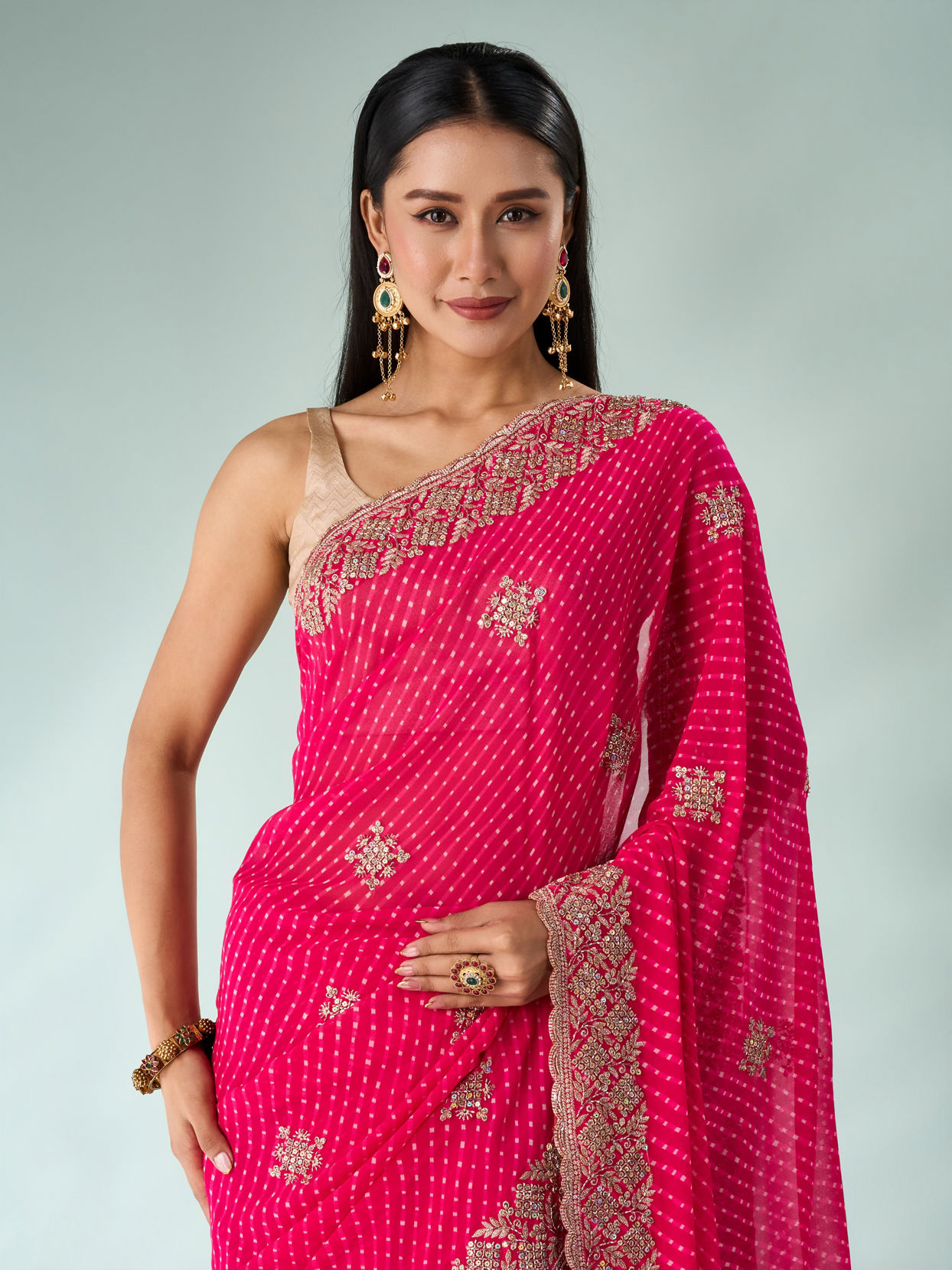 Mohey Women Pink Georgette Saree with Cutdana and Sequin Work